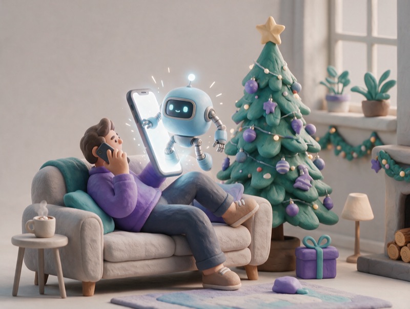 A person on a holiday couch chatting with a friendly robot coach on the phone