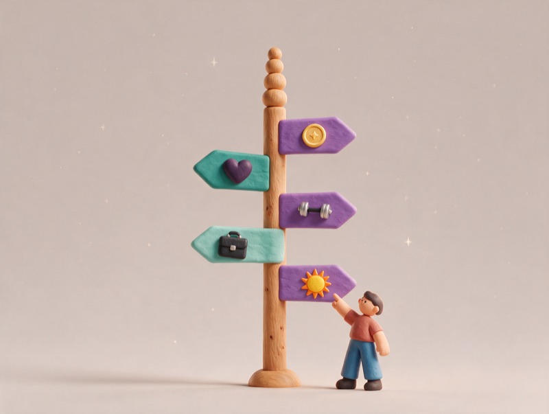 A signpost with arrows for money, health, relationships, work and happiness