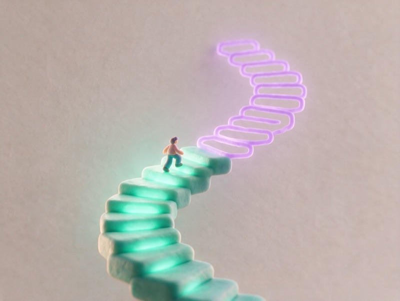 Glowing steps: the climbed ones teal, the next ones outlined