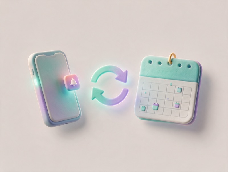 A phone and a calendar with sync arrows between them