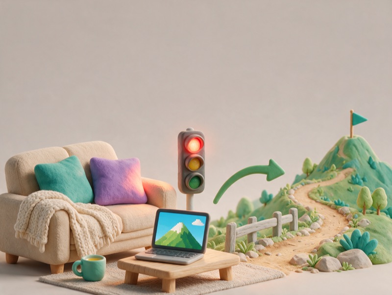 A red traffic light next to a sofa, with a green arrow toward a mountain path
