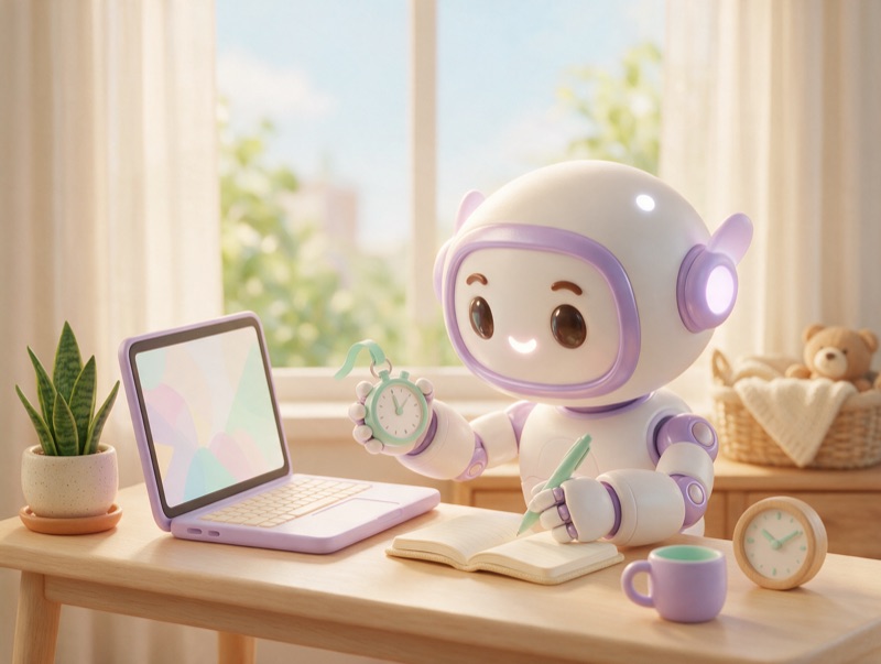 A small robot with a stopwatch writing a work log