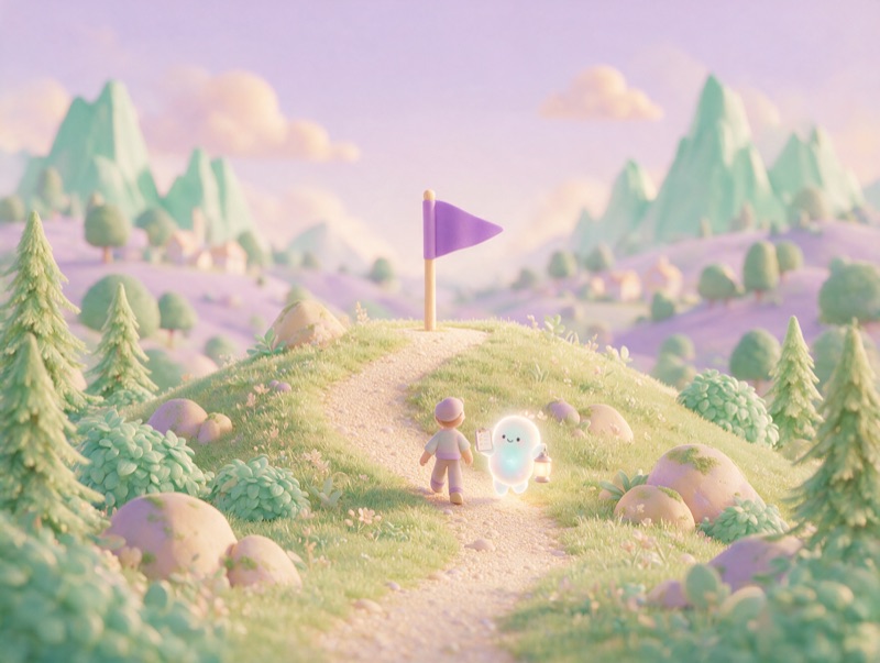 A person and a glowing AI companion walking together toward a flag