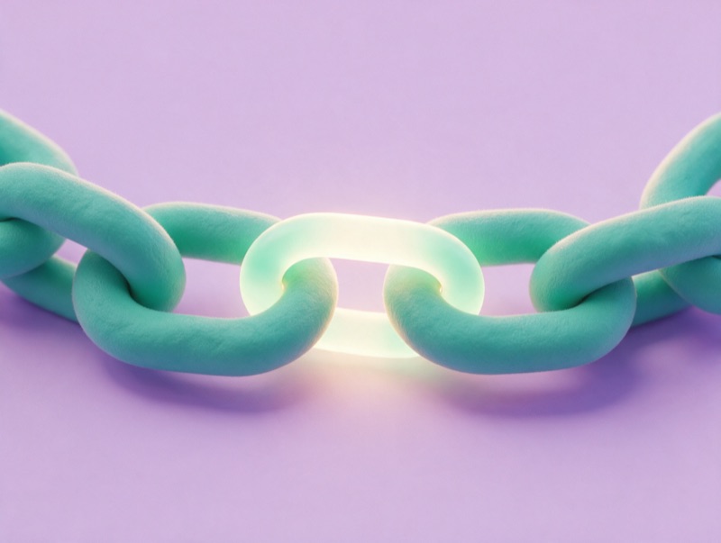 A teal chain with a missing link replaced by a new glowing one