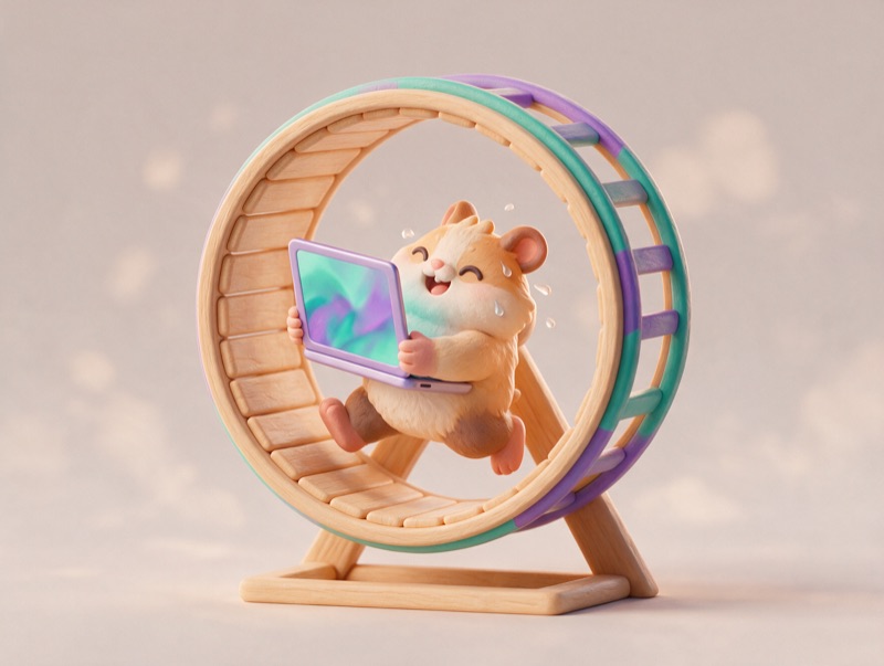 A hamster running in a wheel with a laptop