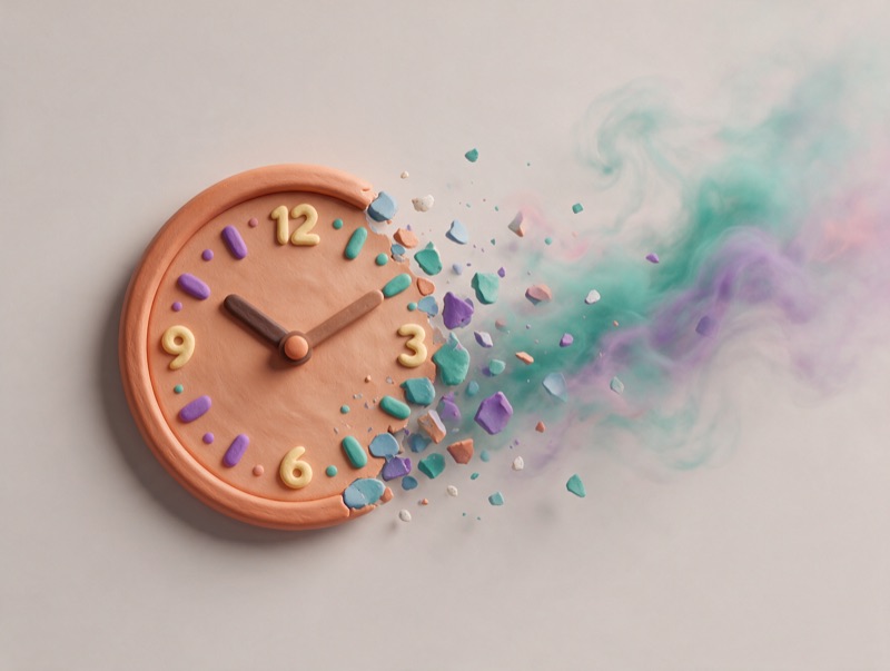 A clock dissolving into teal and violet dust
