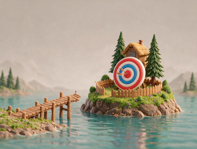 A wooden bridge that stops halfway to an island with a target