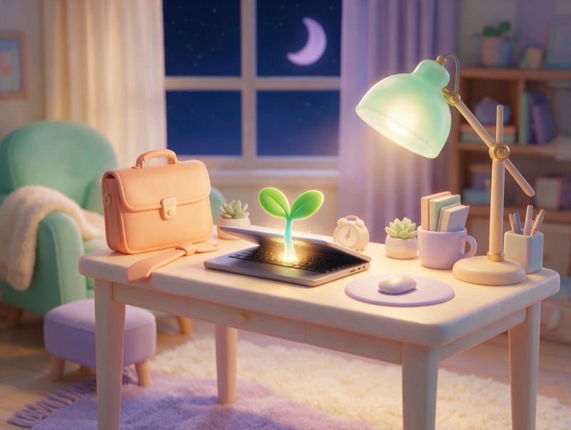 A desk at night with a briefcase and a sprout growing from the laptop